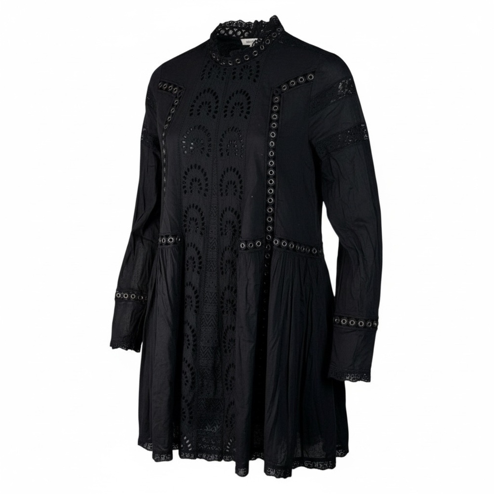 NWT Free People Women’s Black Eyelet Cutout Smock Neck Long Sleeve Dress, Medium